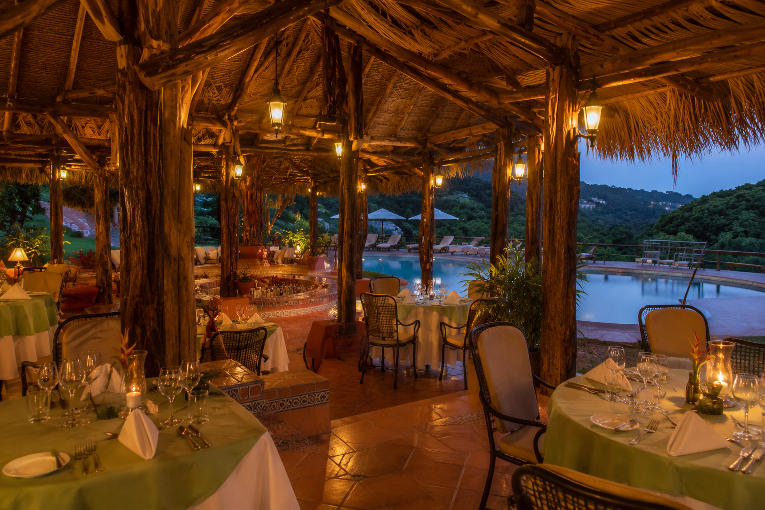 Open-air dining at a tropical resort
